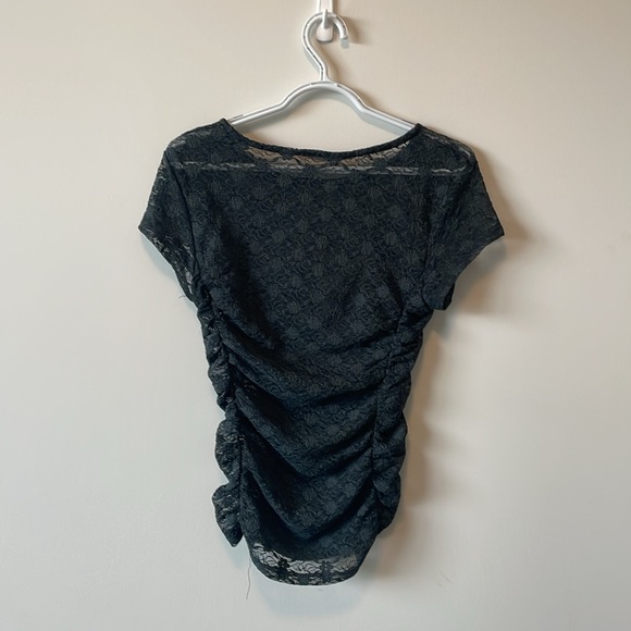 Grey, lace, sheer t-shirt with rouching along each side. Slim fit. - Picture 2 of 3